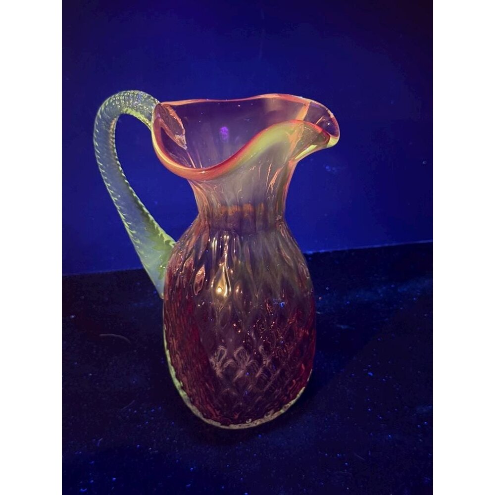 Rossi Art Glass Handblown Cranberry Optic Quilt Glass Pitcher w/ Applied Clear H